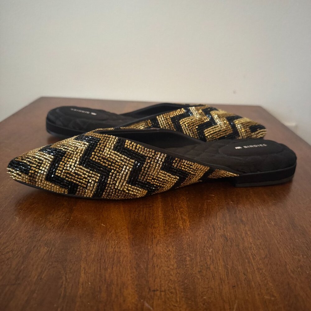 Birdies The Swan Beaded Art Deco Chevron Mule Flats in Black and Gold - Picture 2 of 9